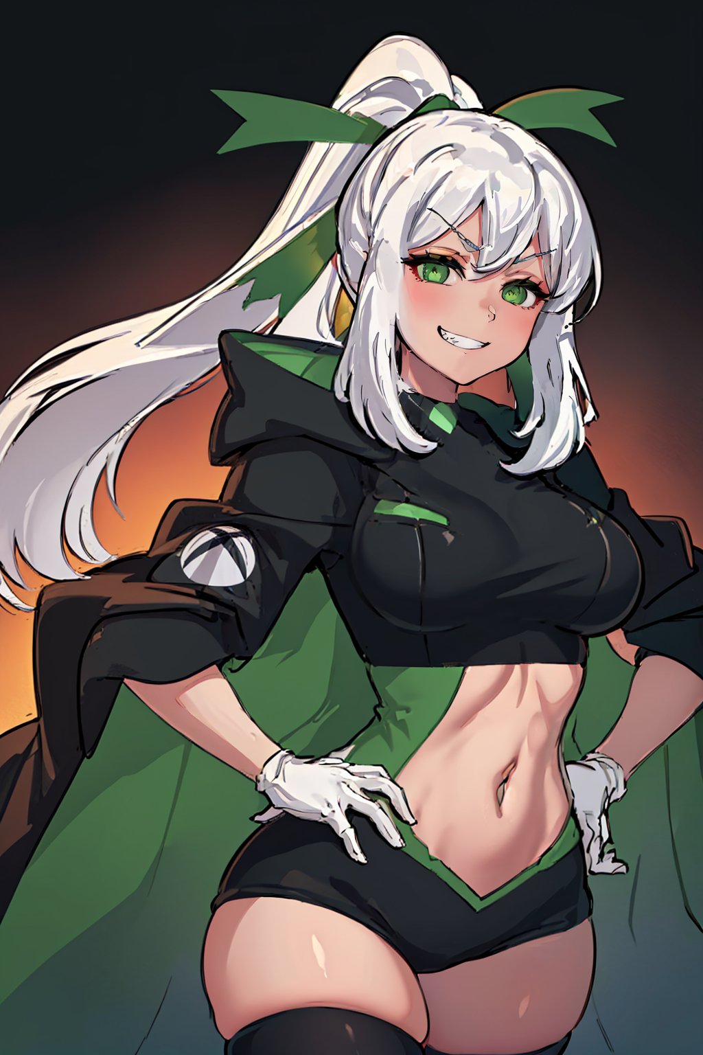 00084-4001685386-(masterpiece, best quality_1.2), solo, 1girl, xbox-chan, grin, looking at viewer, hands on hips, ponytail, hair ribbon, clothing.jpg